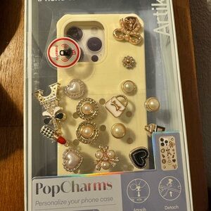 Beige Phone Case Charms Set - Decorative Pearl & Gold Accents
